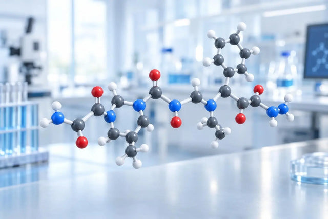 Three-dimensional ball-and-stick molecular model of a small synthetic oligopeptide in a laboratory setting, illustrating dihexa structure for in vitro research.