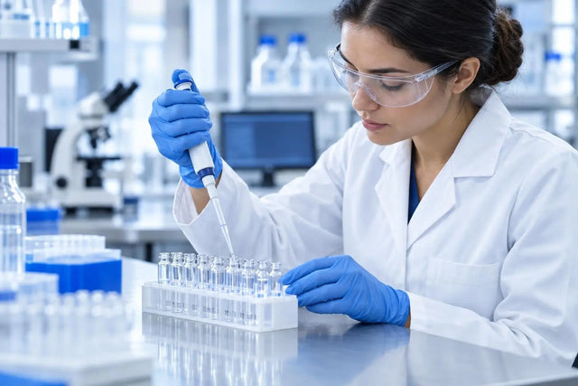 Scientist in a lab coat and gloves using a micropipette over a rack of vials at a bench, representing stock solution preparation for in vitro research.
