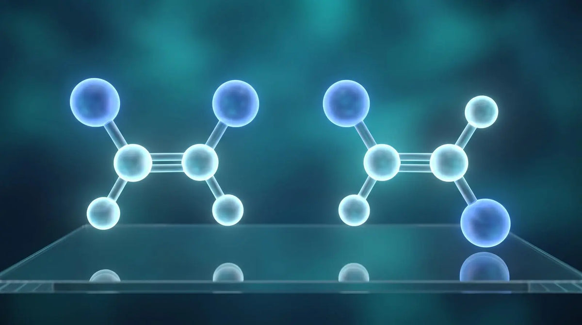 Abstract cis and trans isomer small-molecule structures side by side representing clomiphene isomers.