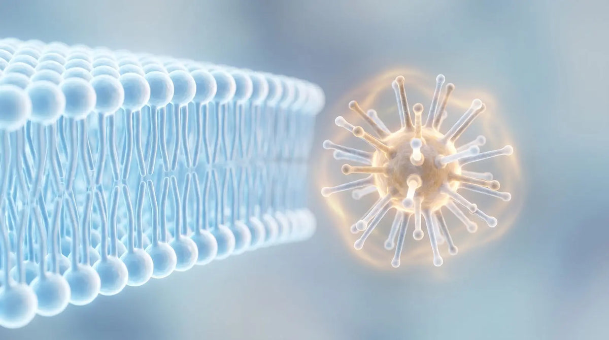 Abstract molecular render of a spiked endotoxin molecule with an amber glow beside a clean lipid bilayer membrane cross-section, representing endotoxin contamination control in in-vitro research.