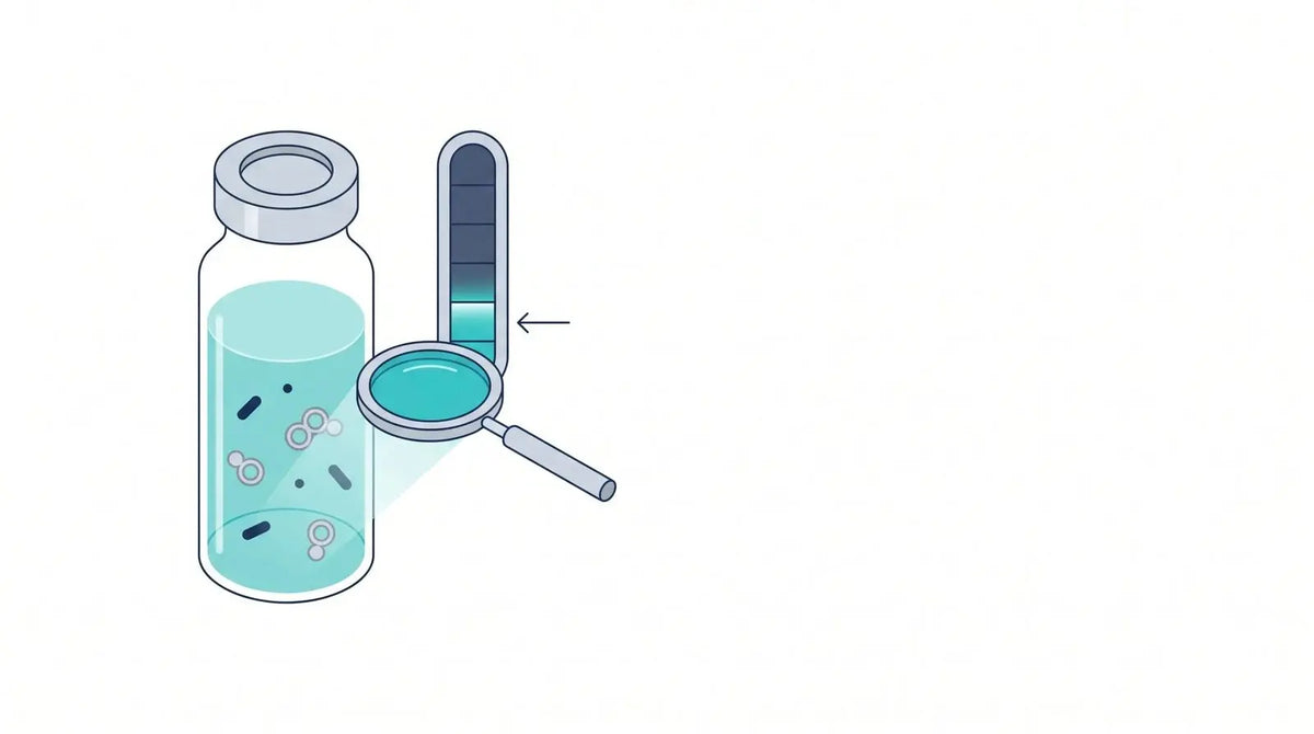Isometric vial of solution with tiny bacterial-fragment shapes beside a low-level gauge and a magnifier, representing endotoxin screening
