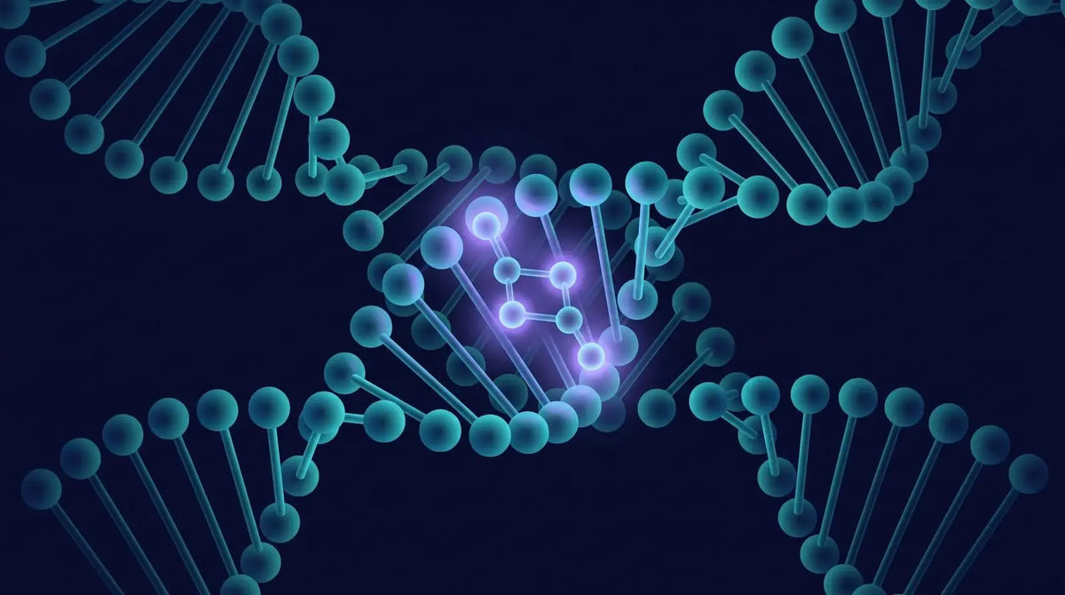 Isometric diagram of a small tetrapeptide molecule resting in the groove of a DNA double helix with a violet glow at the contact point, representing a tetrapeptide bioregulator