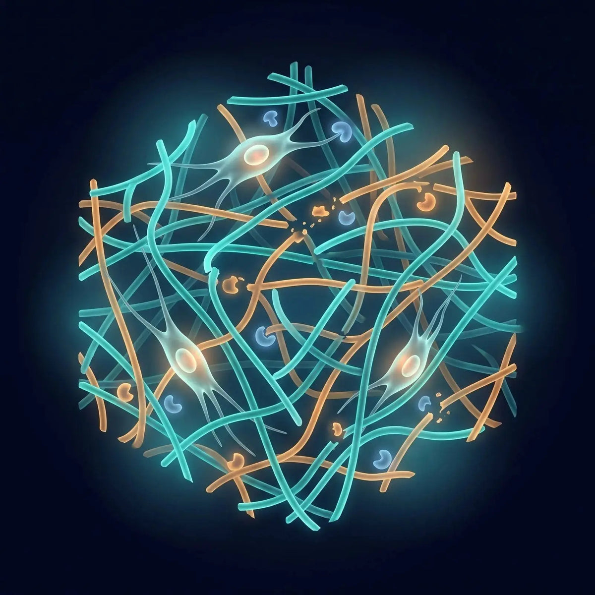 Isometric diagram of the extracellular matrix: a woven network of teal and amber collagen and elastin fibers with embedded fibroblast cells, representing ECM remodeling