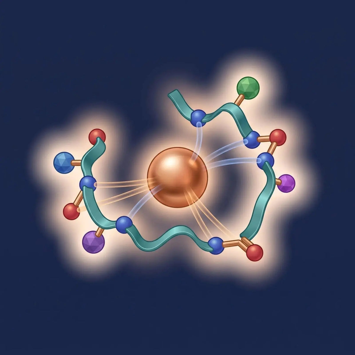 Isometric diagram of a short peptide chain coordinating a central glowing copper ion through nitrogen and oxygen atoms, representing a copper-peptide coordination complex