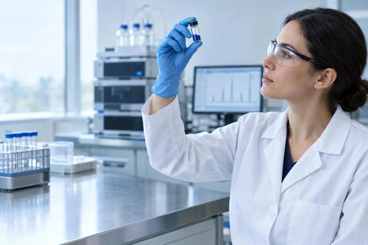 Scientist in a lab coat examining a vial of blue copper-peptide lyophilized powder beside an HPLC instrument, illustrating GHK-Cu identity confirmation in in vitro research