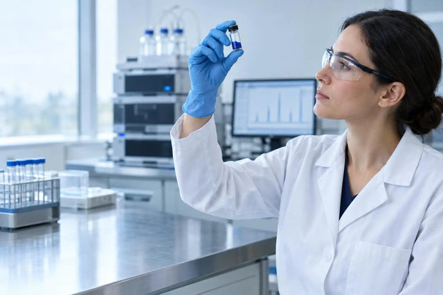 Scientist in a lab coat examining a vial of blue copper-peptide lyophilized powder beside an HPLC instrument, illustrating GHK-Cu identity confirmation in in vitro research