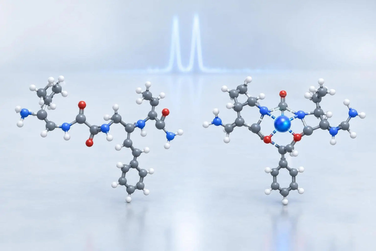 Free GHK tripeptide beside the same tripeptide complexed with a copper ion, with a faint mass-spectrum doublet behind, illustrating GHK versus GHK-Cu identity in in vitro research