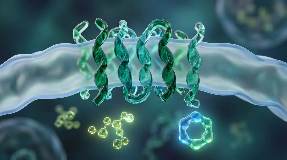 Green GPCR transmembrane helices in a lipid bilayer with a ring-shaped second-messenger molecule below, representing GHRH-receptor binding and cAMP assay design.