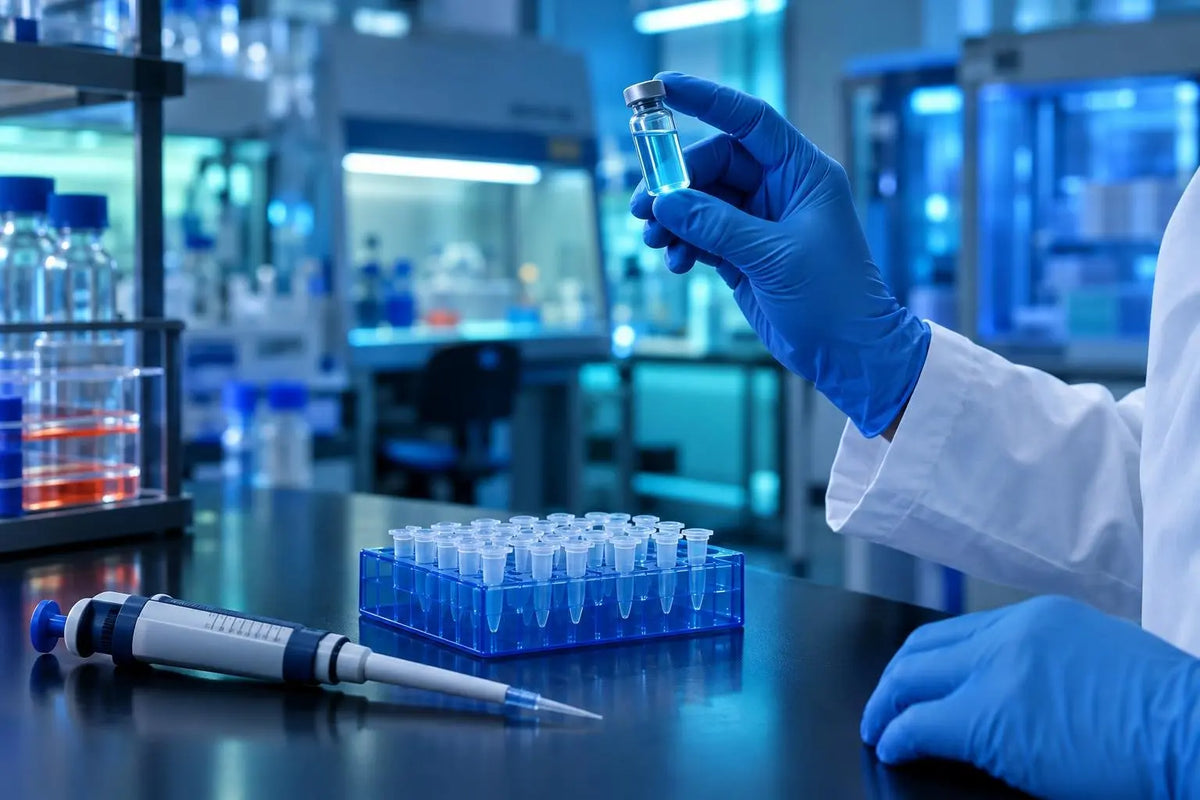 Researcher in a lab coat holding a vial of reconstituted pale blue peptide blend solution beside a micropipette