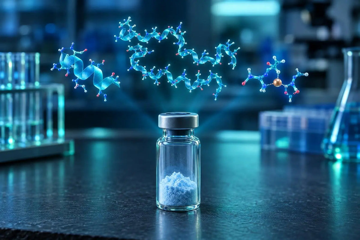 GLOW peptide blend: pale blue lyophilized powder vial with molecular renders of BPC-157, TB-500 and GHK-Cu for in vitro research