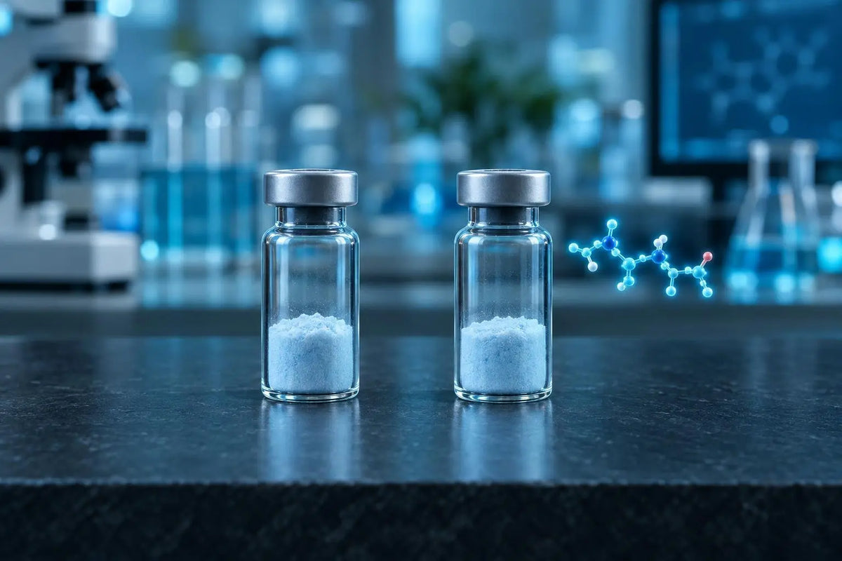 Two vials of blue peptide blend powder side by side, one with an extra tripeptide render, representing GLOW versus KLOW