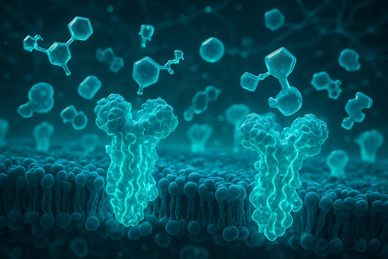 3D visualization of GLP-1–related molecules binding to cellular receptors on a membrane surface, illustrating receptor–ligand interaction at the molecular level.