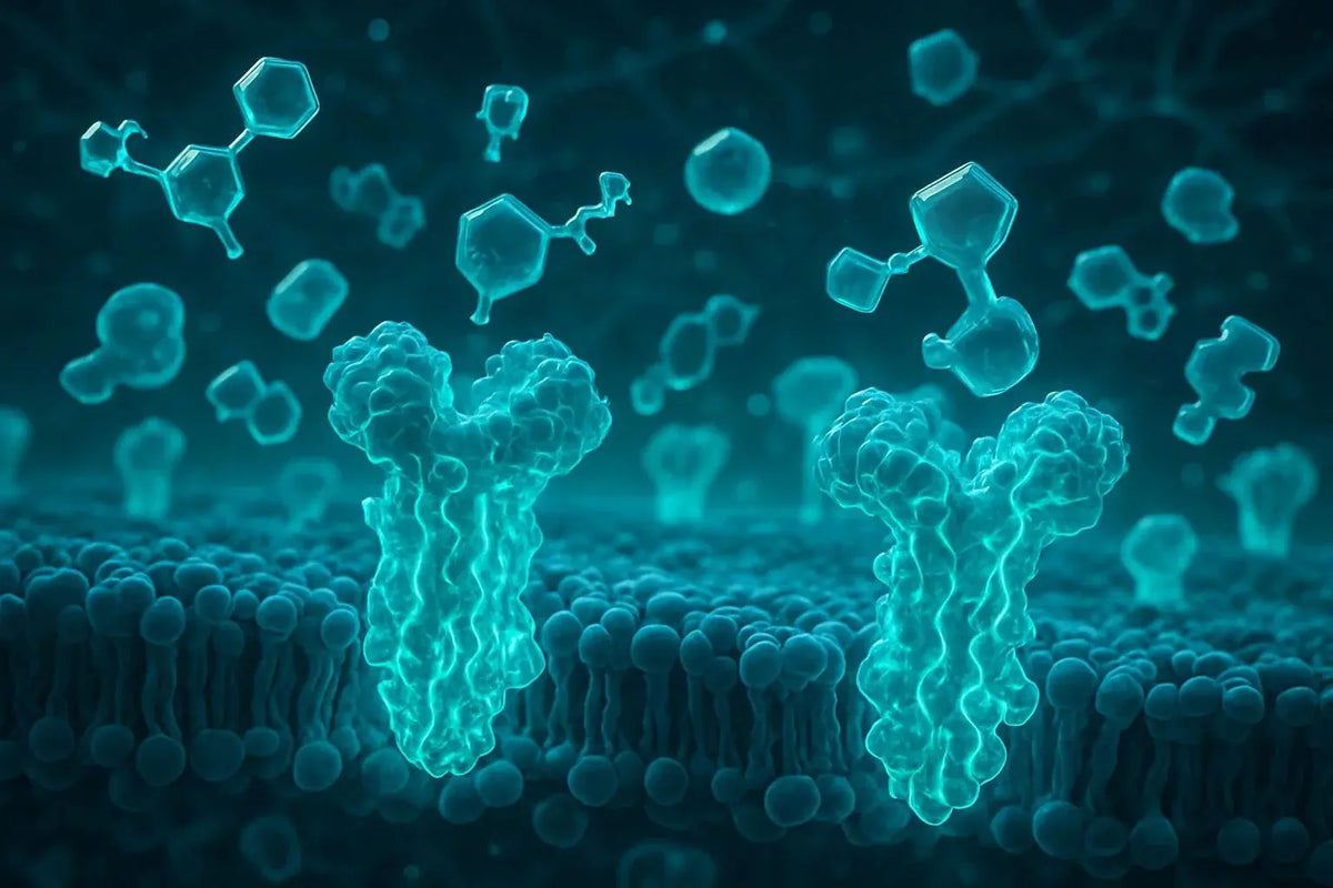Teal 3D render of small-molecule ligands approaching receptor proteins embedded in a lipid bilayer, illustrating receptor–ligand interactions studied for growth hormone secretagogues in vitro.