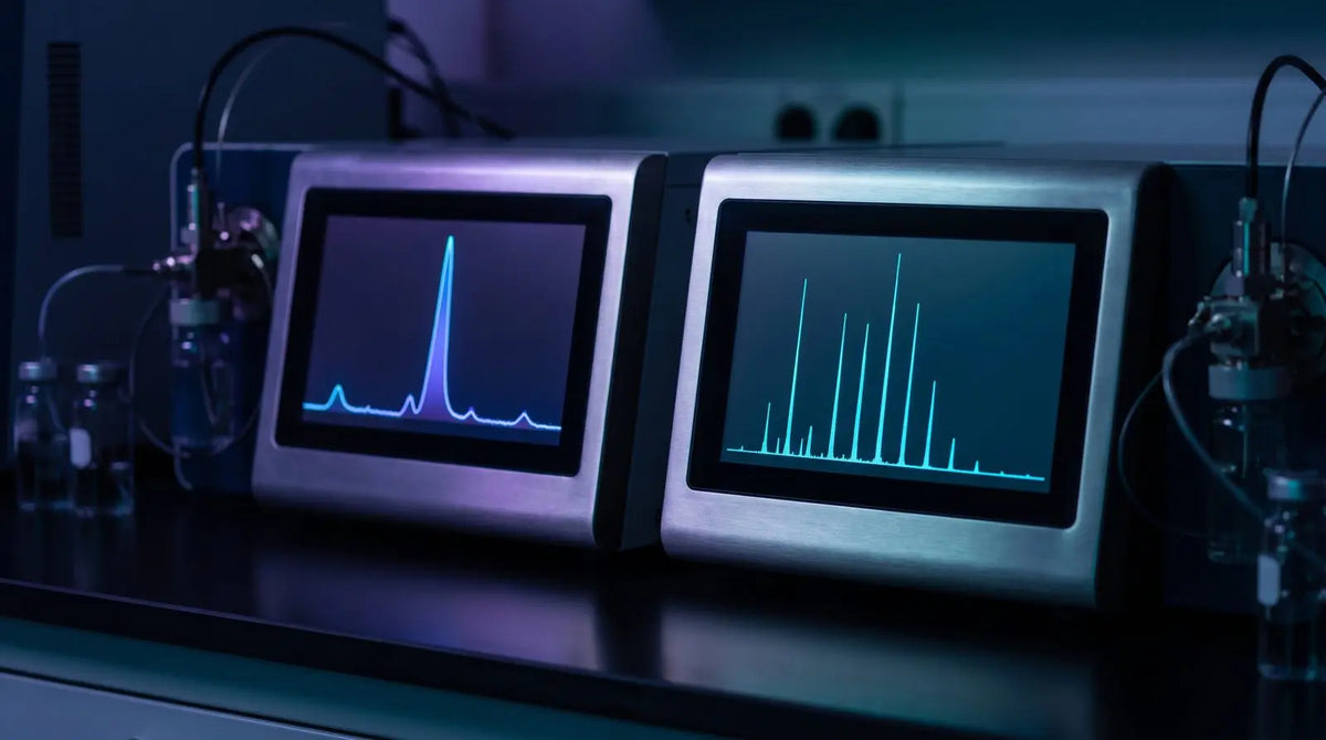 Lab bench instrument screens showing an HPLC chromatogram with one dominant peak beside a deconvoluted mass spectrum, representing COA purity and identity verification.