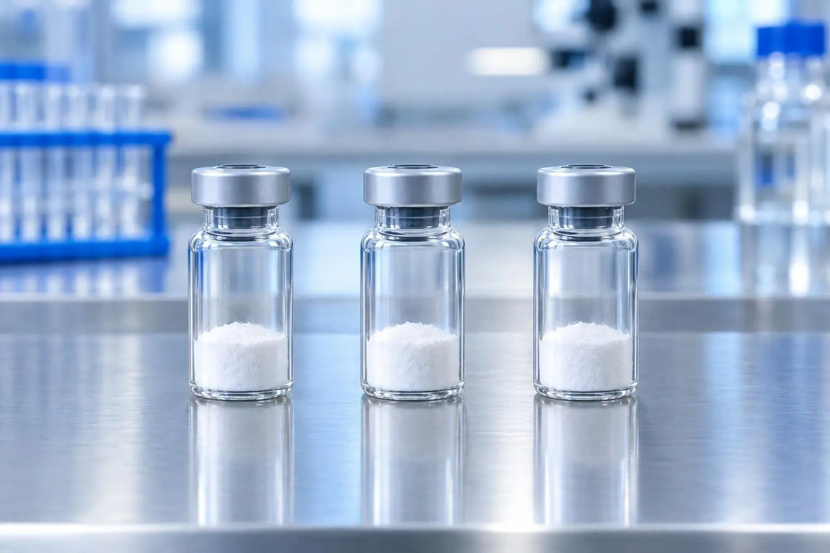 Three identical clear glass vials of white lyophilized powder in a row on a steel laboratory bench, representing a catalog series of research peptides for in vitro use.