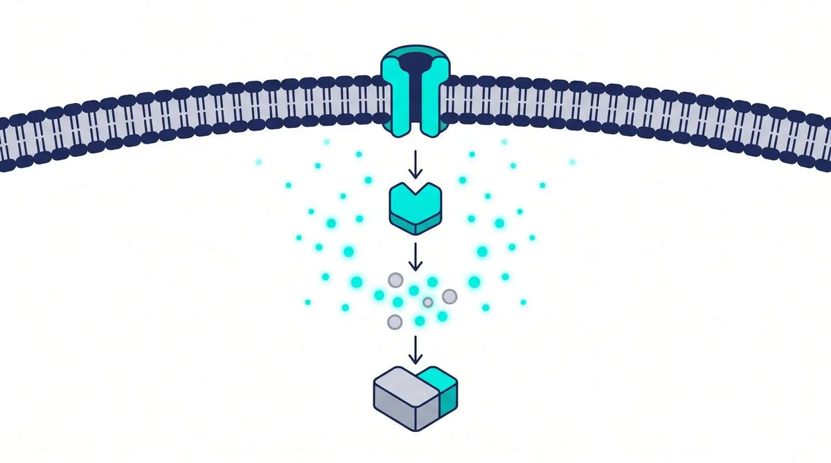Isometric diagram of a cell-surface receptor with a downward signaling cascade and rising second-messenger dots, representing GLP-1 receptor cAMP signaling