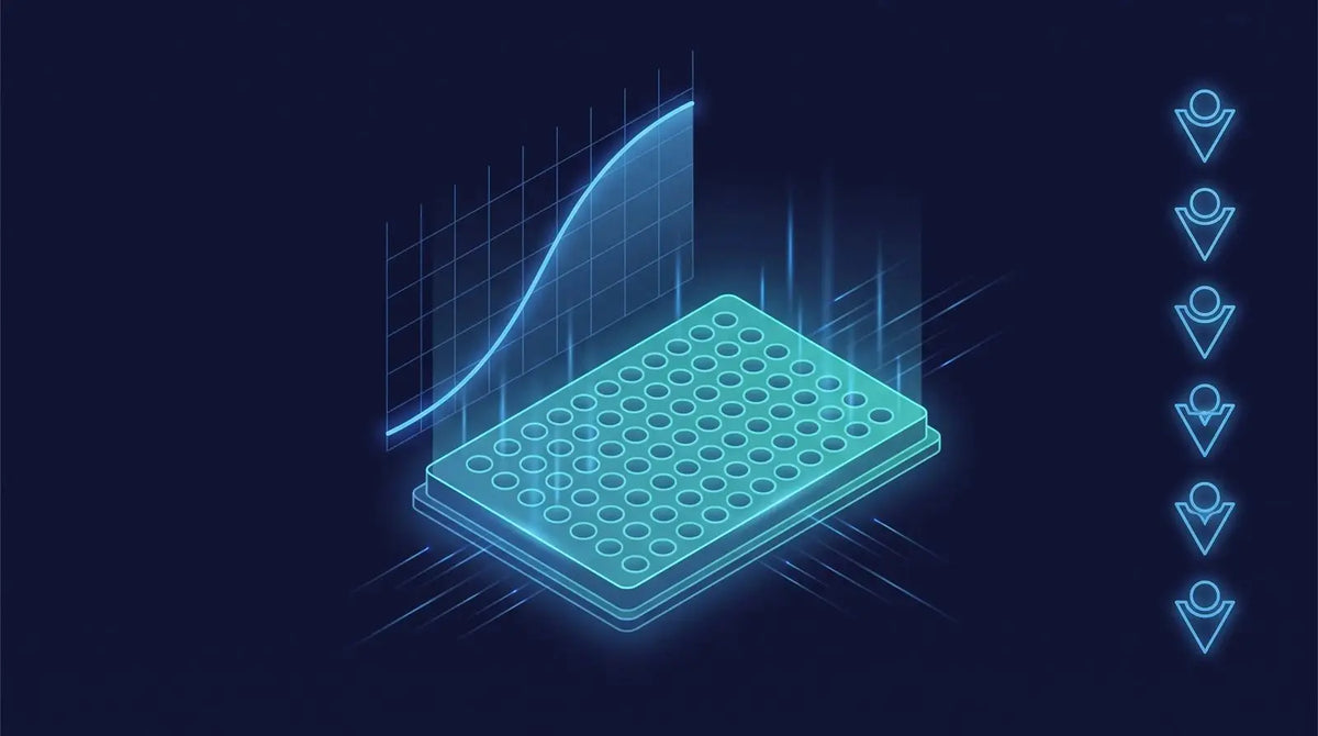 Isometric diagram of a teal assay microwell plate with a rising binding-affinity curve graphed above and small ligand-receptor icons at the side, representing GPCR binding assays