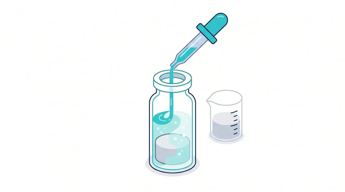 Isometric illustration of a dropper adding solvent down the wall of a vial with a dissolving peptide cake, beside a graduated beaker, illustrating reconstitution