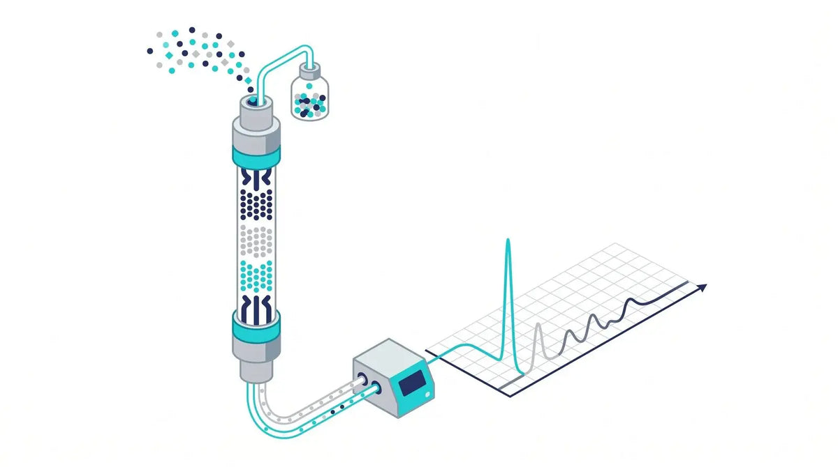 Isometric HPLC column separating sample molecules into bands flowing to a detector that draws a chromatogram with one tall peak