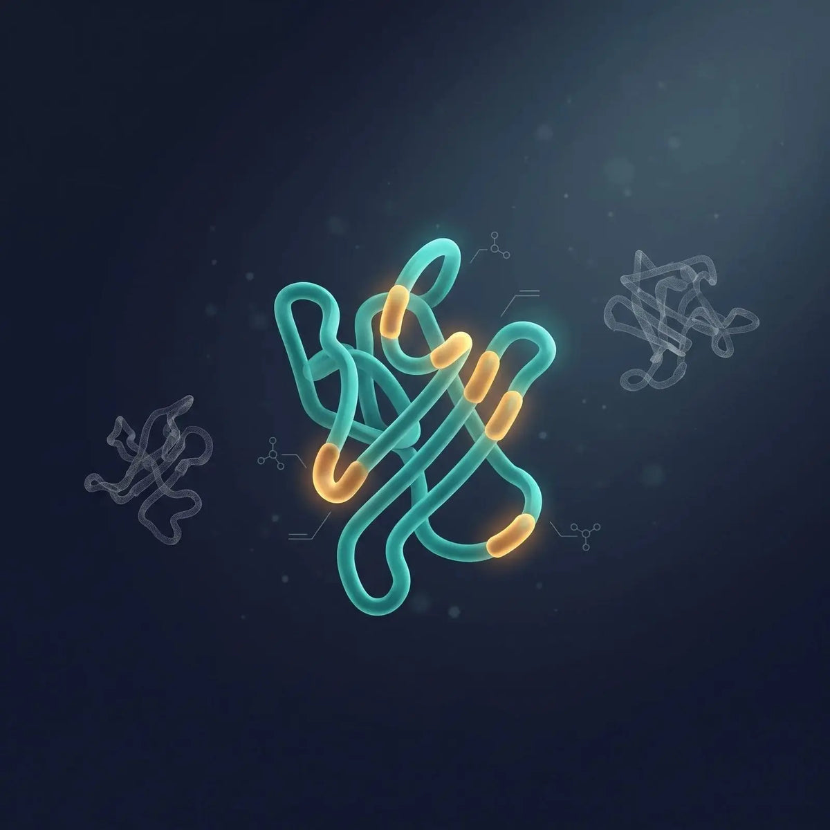 Isometric diagram of a glowing teal folded growth-factor analog with highlighted amber modification regions beside faint unbound binding-protein shapes, representing a modified growth-factor analog