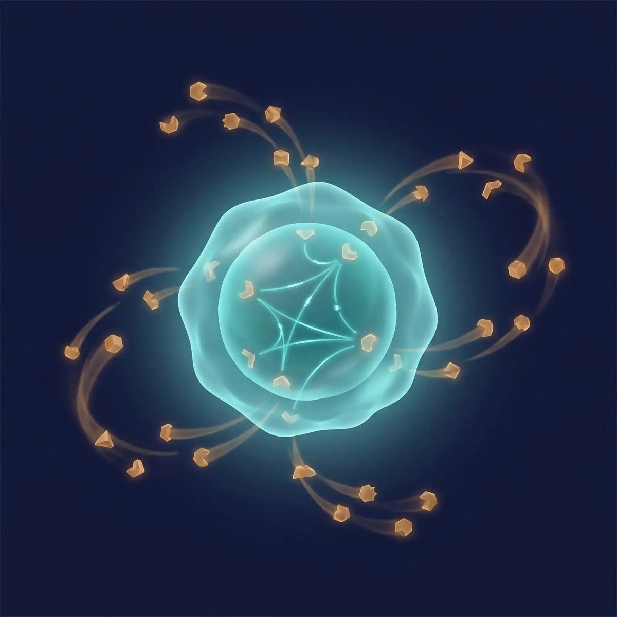 Isometric diagram of a glowing teal immune cell surrounded by orbiting amber cytokine messenger shapes with internal signaling lines, representing immune-cell signaling