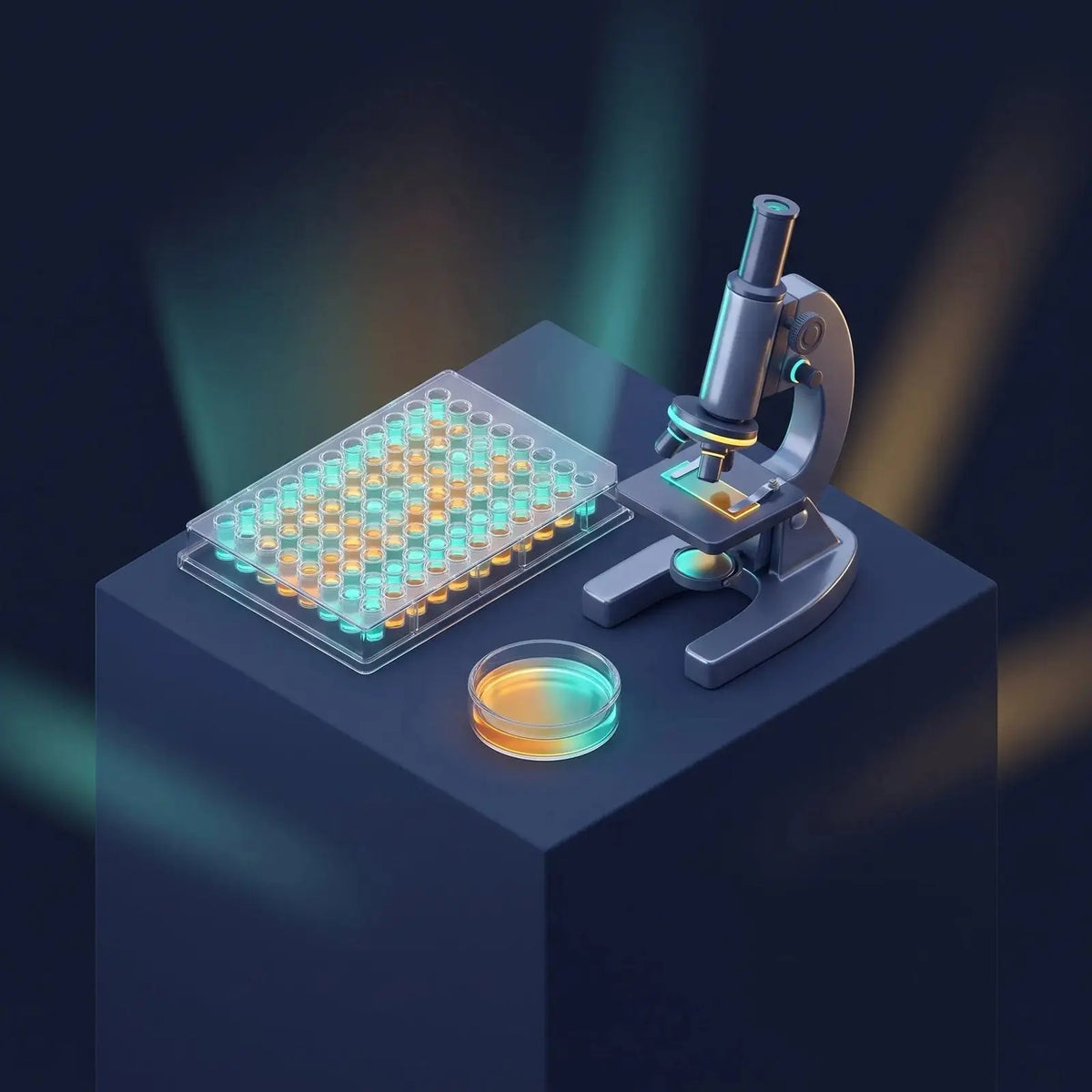 Isometric illustration of a 96-well microplate with glowing wells beside a laboratory microscope and a culture dish, representing in-vitro research methods