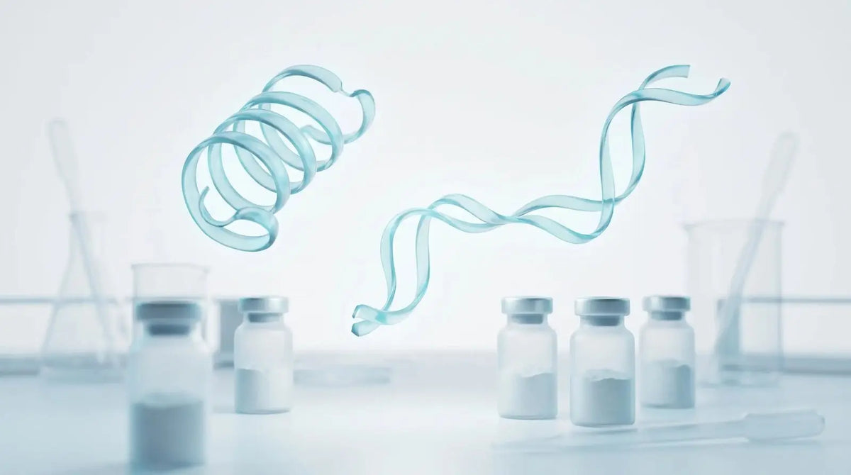 Two distinct 3D molecular peptide ribbon structures side by side with lyophilized research vials and laboratory glassware, comparing Ipamorelin and Tesamorelin.
