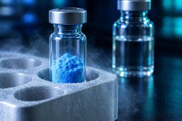 Vial of blue copper-complex lyophilized peptide powder in a cold-storage block, representing KLOW 80 mg handling and stability