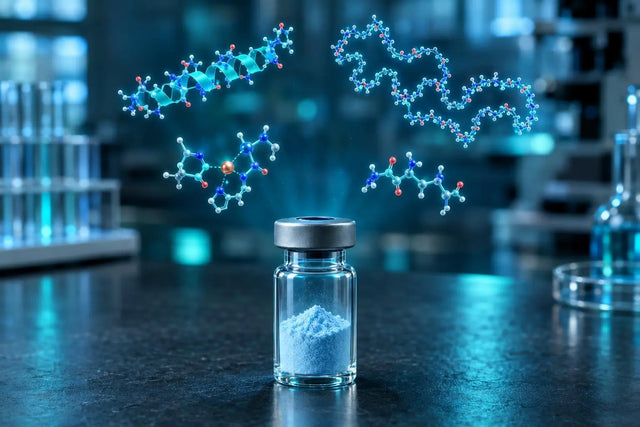 KLOW peptide blend: pale blue lyophilized powder vial with molecular renders of BPC-157, TB-500, GHK-Cu and KPV for in vitro research