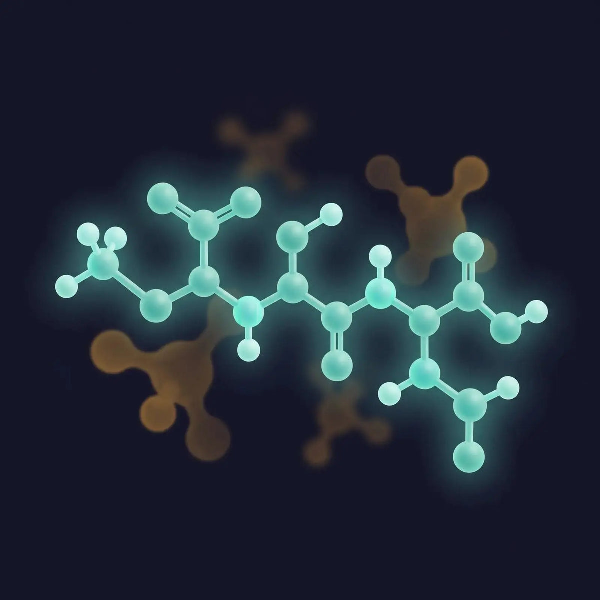 Isometric ball-and-stick model of a short teal tripeptide with faint dimmed amber cytokine shapes in the background, representing KPV in inflammation research