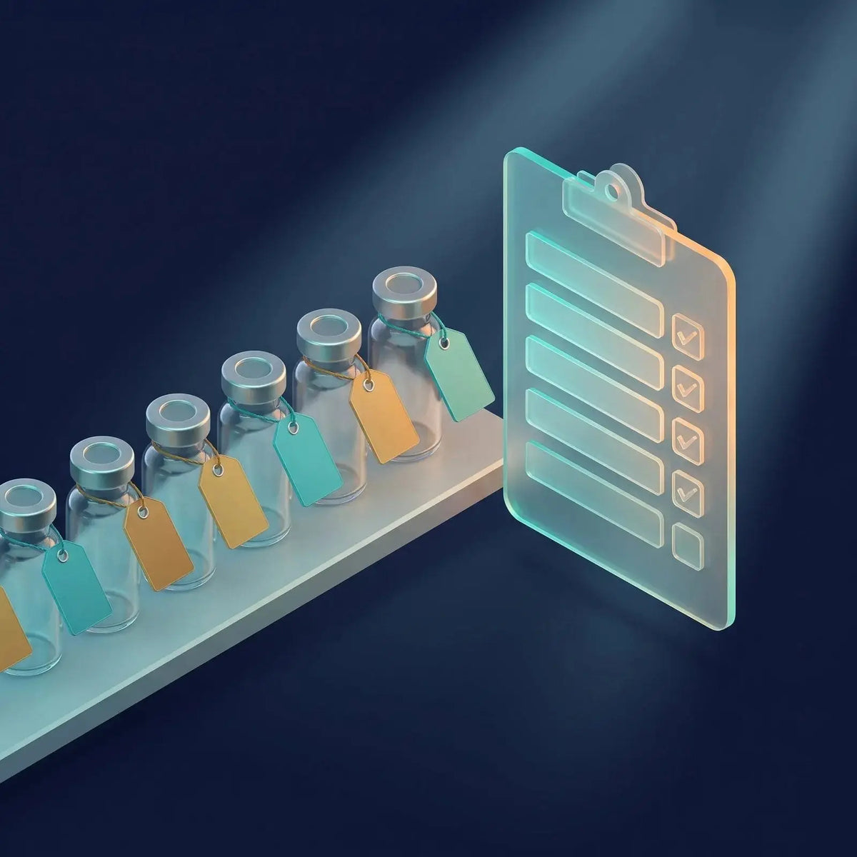 Isometric illustration of a row of research vials each with a small blank label tag beside a translucent checklist panel, representing labeling and inventory records