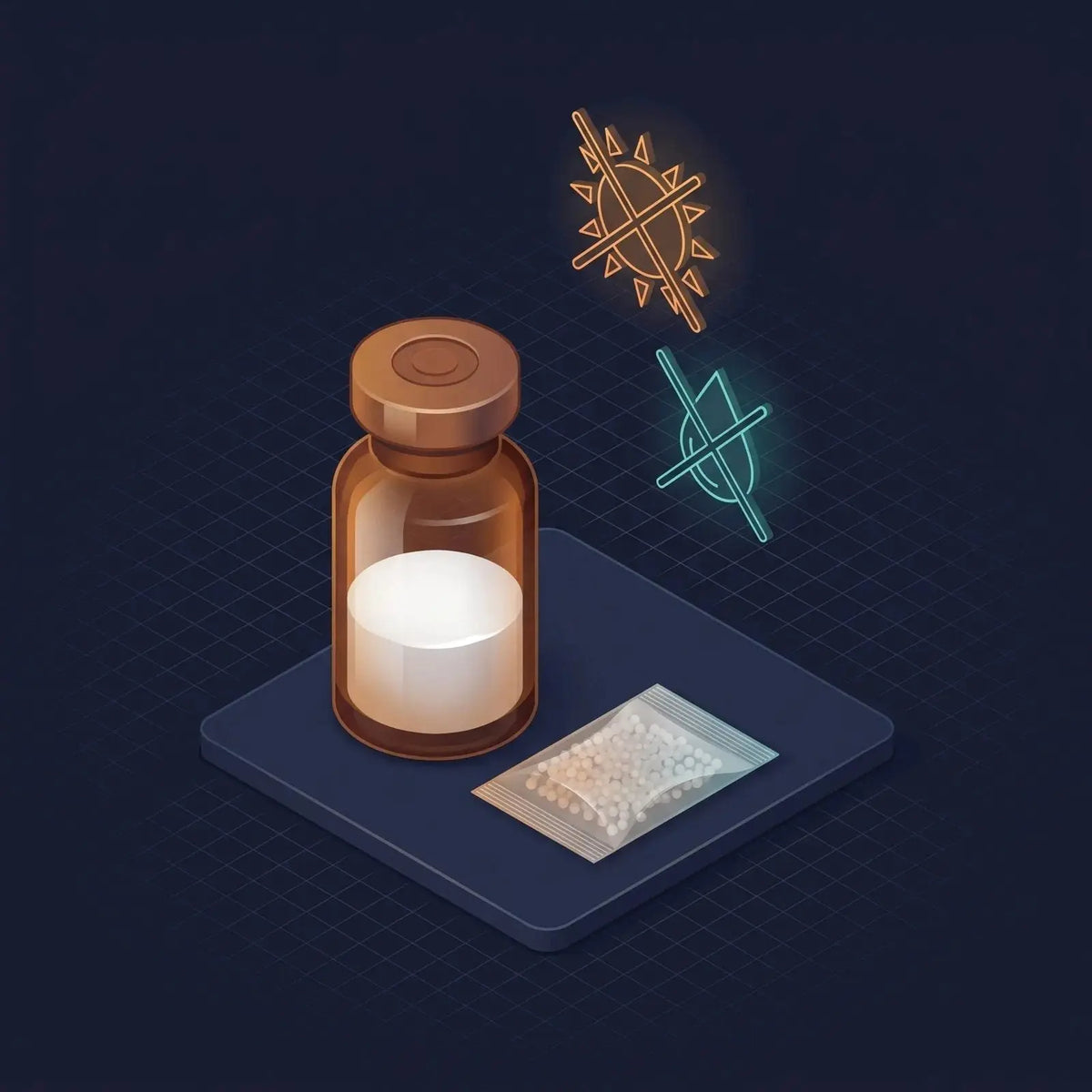 Isometric illustration of an amber-tinted vial of lyophilized powder beside a silica-gel desiccant packet, with crossed-out sun and water-droplet icons, representing protection from light and moisture
