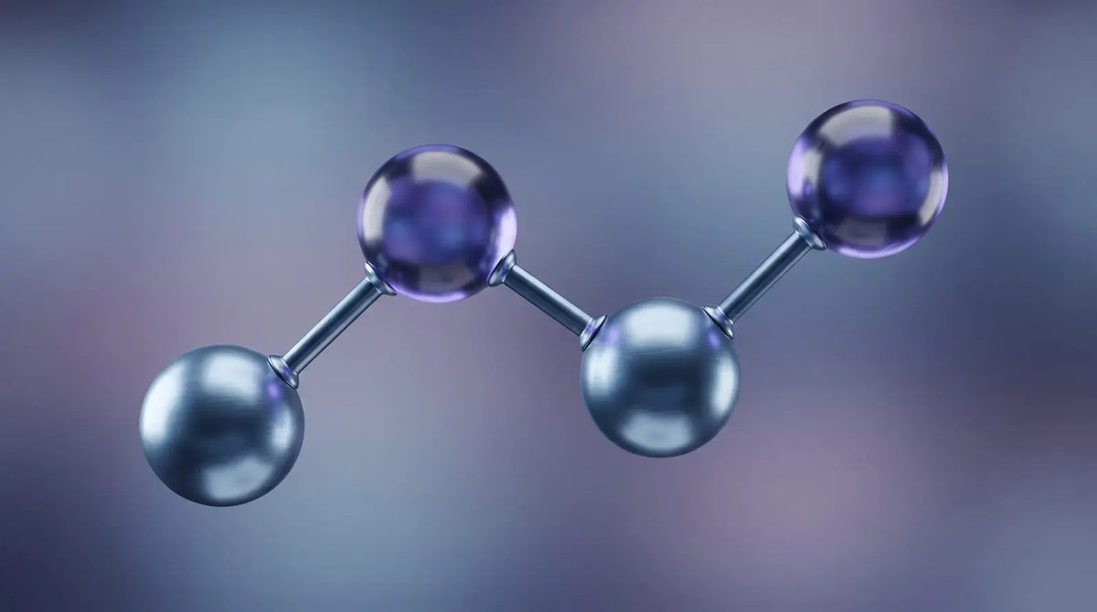 Four-residue ball-and-stick tetrapeptide chain in steel-blue and violet, representing a short peptide sequence in in vitro research framing.