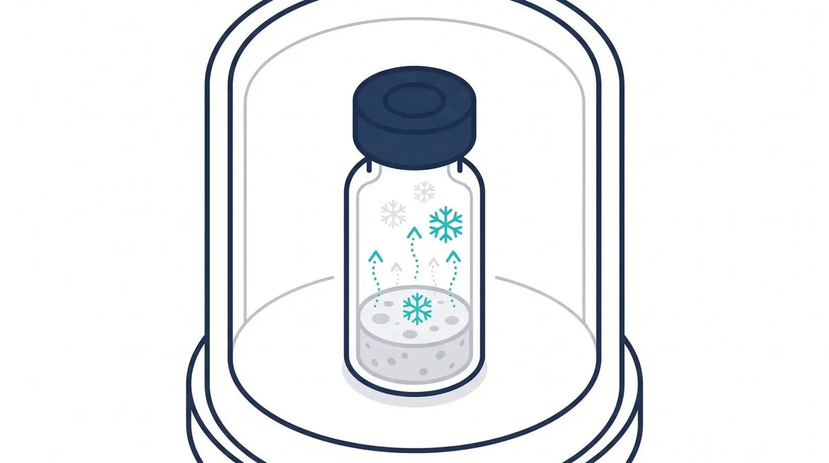 Isometric illustration of a vial with a dry lyophilized cake and sublimation vapor arrows inside a vacuum chamber, illustrating freeze-drying of a peptide