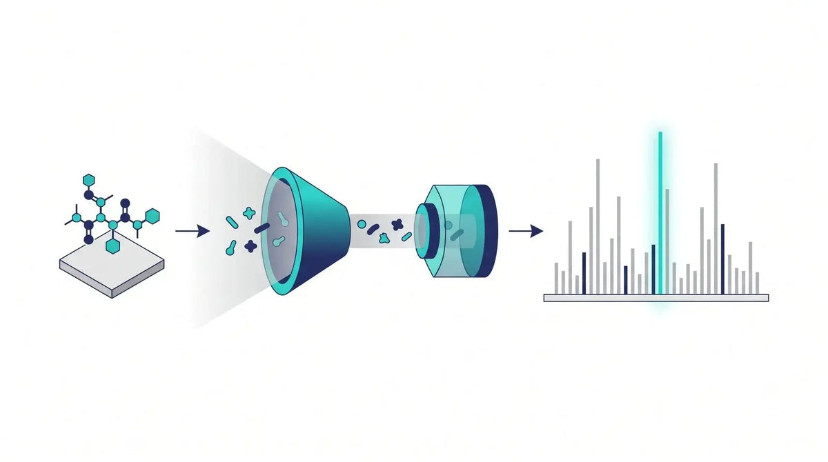 Isometric mass-spectrometry diagram of a peptide passing through an ionization funnel to produce a mass-spectrum fingerprint with one line highlighted
