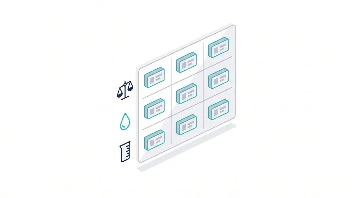 Isometric reference grid with placeholder rows and unit-type icons for weight, volume, and measuring cylinder, representing a units primer