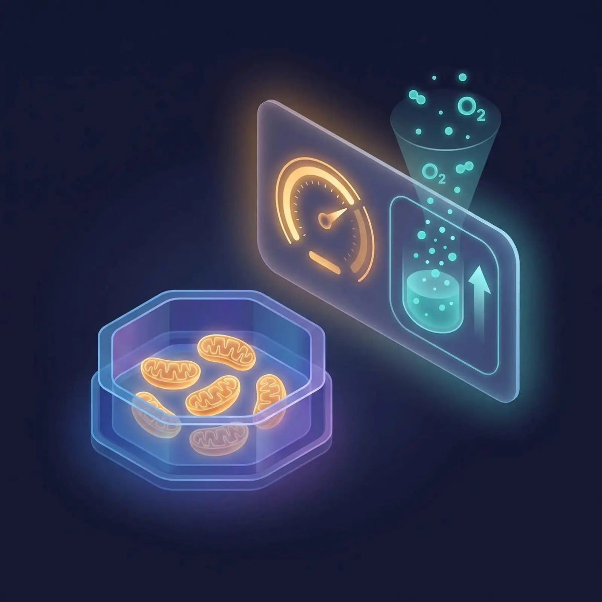 Isometric illustration of a culture well of glowing mitochondria beside a membrane-potential dial and oxygen-consumption indicator, representing mitochondrial function assays