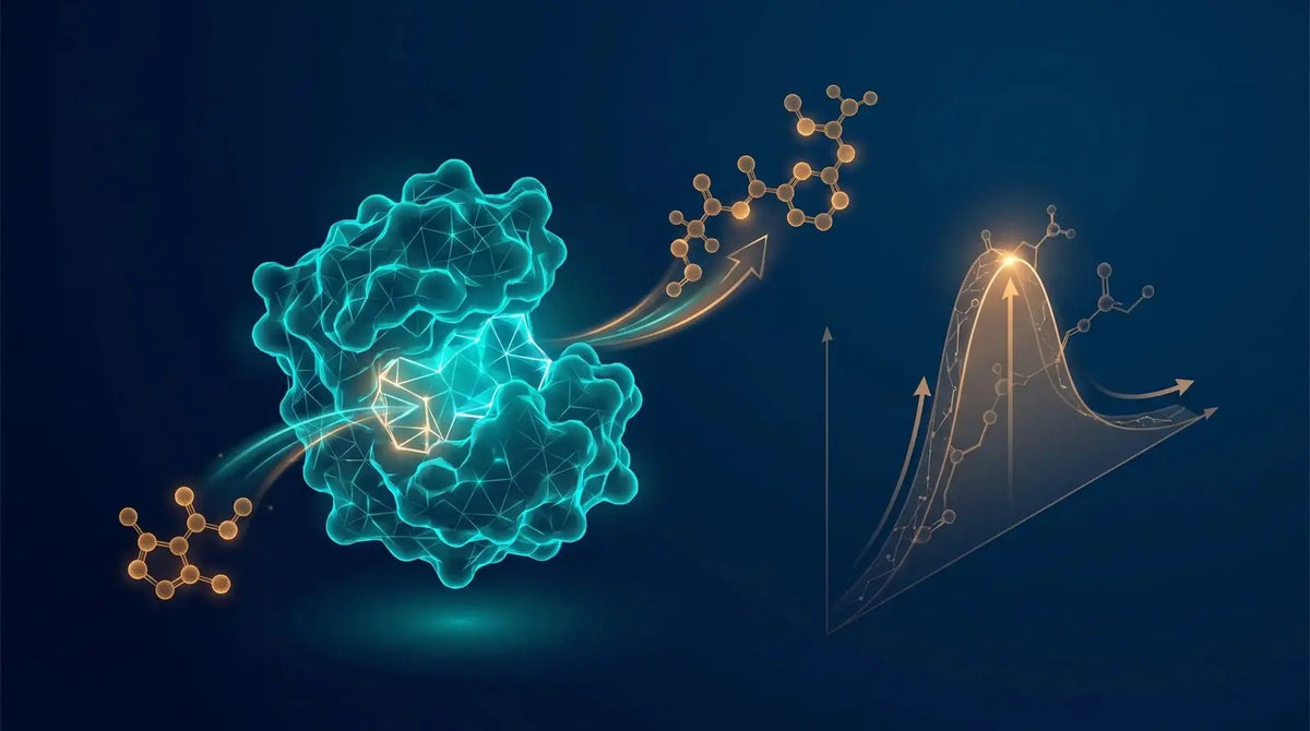 Isometric diagram of a glowing teal metabolic enzyme with an amber substrate entering its active site and a converted product leaving, with an amber reaction-rate curve, representing metabolic enzyme assays