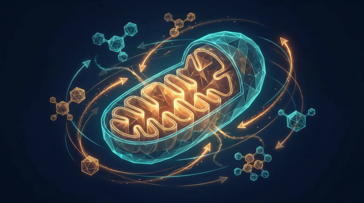 Isometric diagram of a glowing mitochondrion cross-section with folded inner membrane, surrounded by molecular energy-carrier shapes and amber metabolic pathway arrows, representing cellular metabolism