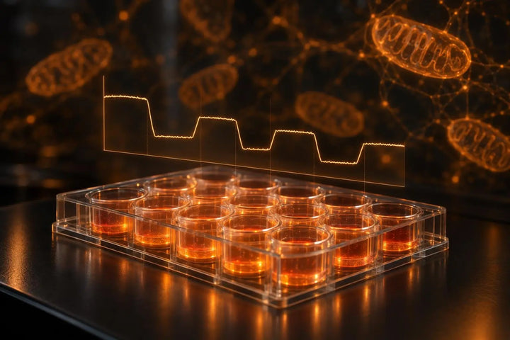 Cell-culture microplate with a holographic oxygen-consumption trace above it and a glowing mitochondrial network behind, amber lighting