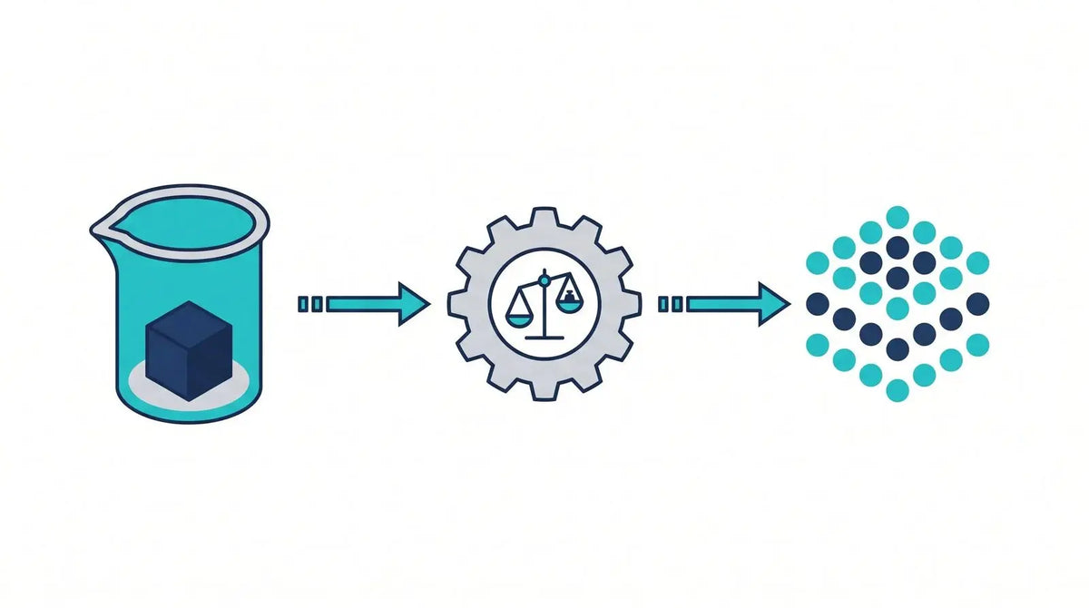 Isometric flow from a mass-cube beaker through a molecular-weight gear icon to a cluster of molecule dots, representing converting mass concentration to molarity