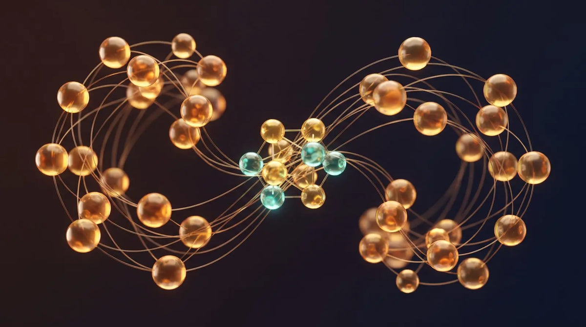 Two linked clusters of amber and teal nodes forming an abstract pathway schematic, representing AMPK and folate-cycle assays for MOTS-c in vitro.