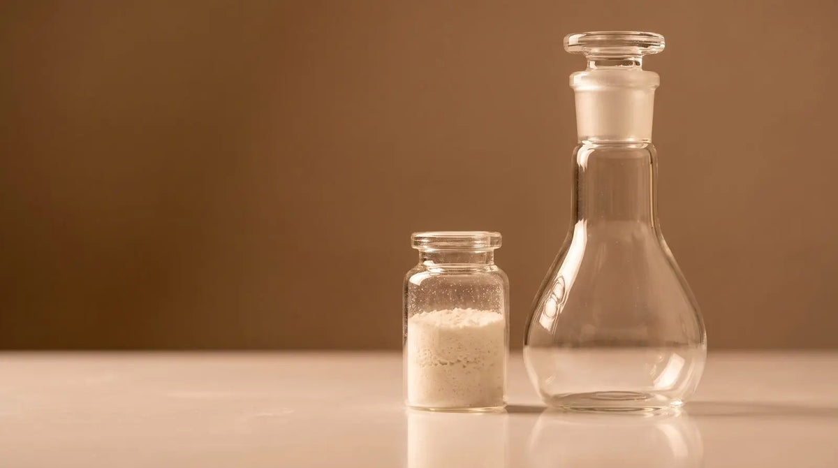 Lyophilized peptide vial next to a stoppered glass volumetric flask in warm amber light, representing MOTS-c 10 mg vial stock concentration math.