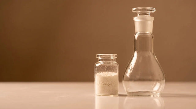 Lyophilized peptide vial next to a stoppered glass volumetric flask in warm amber light, representing MOTS-c 10 mg vial stock concentration math.