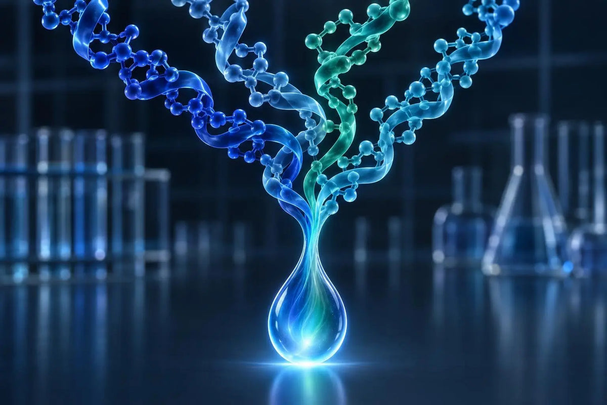 Abstract render of several peptide chains converging into one droplet, representing a multi-peptide research blend