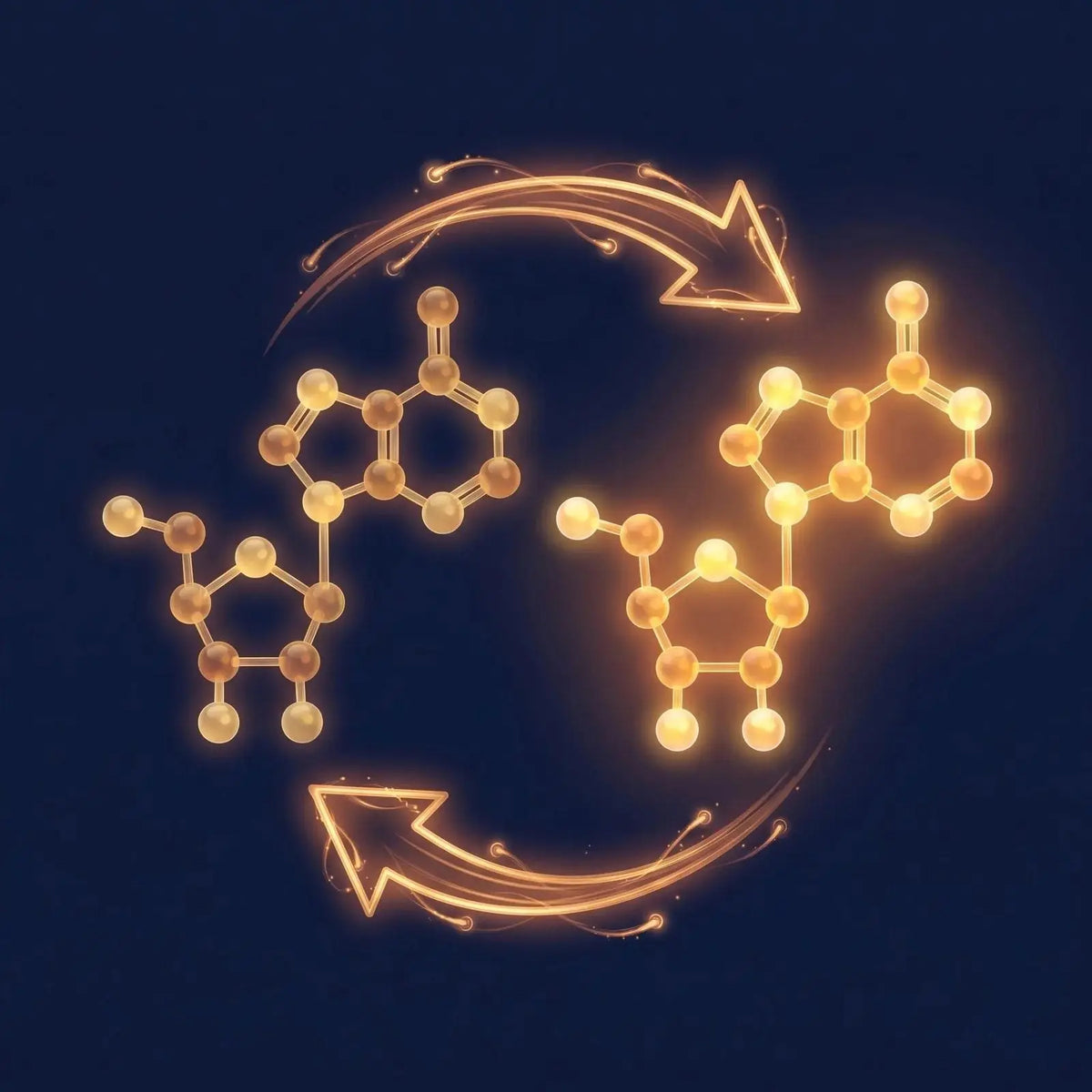 Isometric diagram of the NAD+/NADH redox pair: two glowing amber dinucleotide molecular structures connected by a cyclical double-headed arrow with electron sparks transferring between them