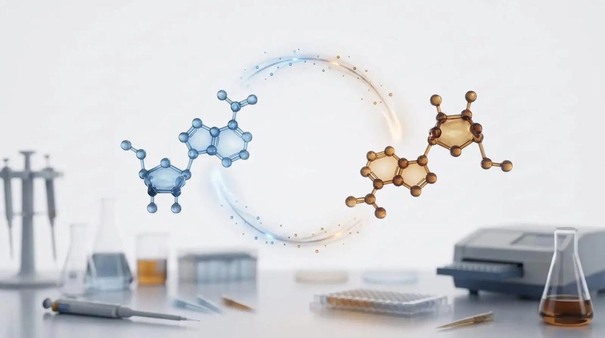 Two related 3D coenzyme molecular structures facing each other with an electron-transfer glow, illustrating the NAD+/NADH redox pair in cellular energy metabolism.