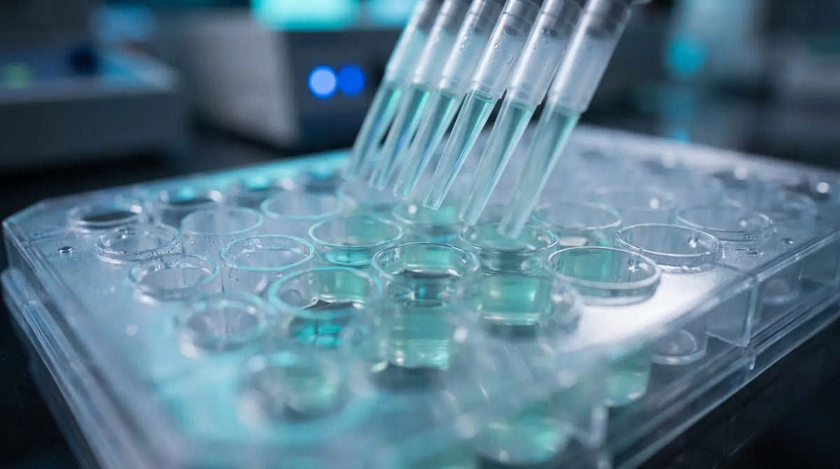 Multichannel pipette tips dispensing pale teal solution into a clear laboratory microplate, representing in vitro NNMT and SAM assay design.