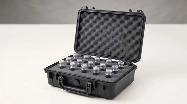 A rigid foam-lined padded case with cushioned slots protecting research vials for transport.
