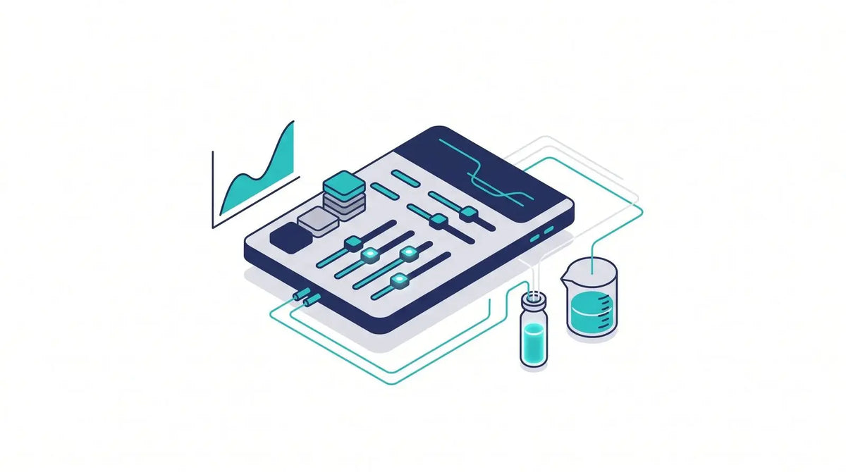 Isometric calculator-tool panel with sliders linked to a vial and a graduated beaker and a line graph, representing peptide concentration math
